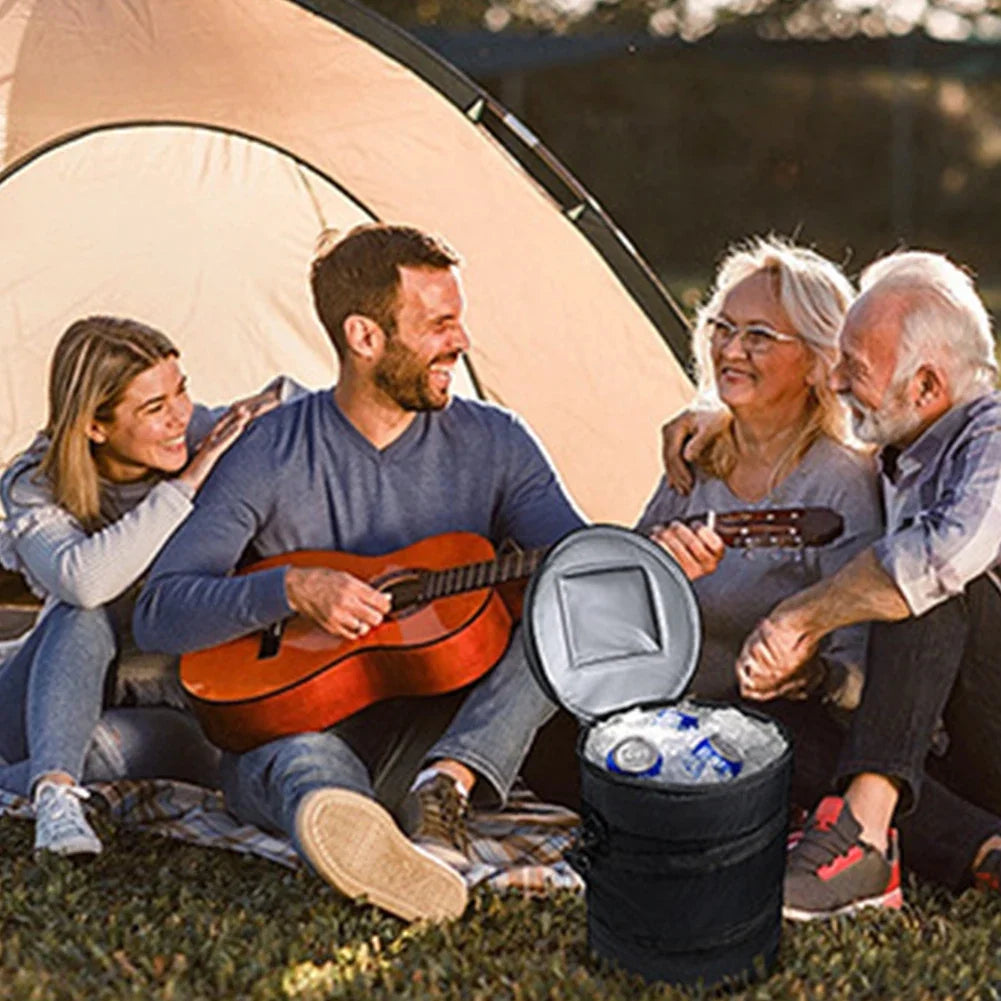 Outdoor camping scene with an open cooler bag and canned drinks - Fairway Fort™