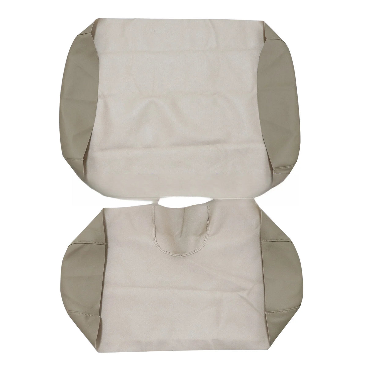 Underside view of two tan upholstery skins with loose edges for installation