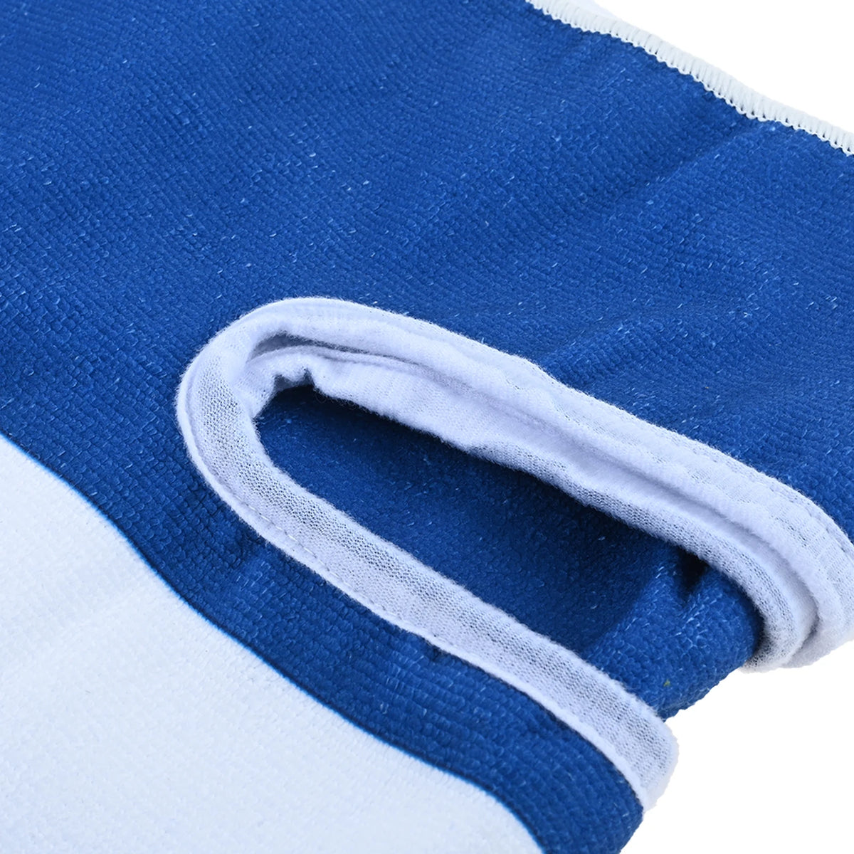 Bound oval armrest opening in the striped seat towel
