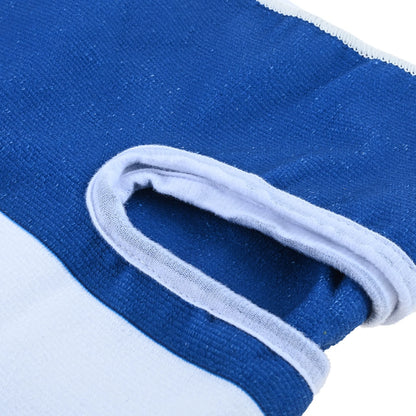 Bound oval armrest opening in the striped seat towel