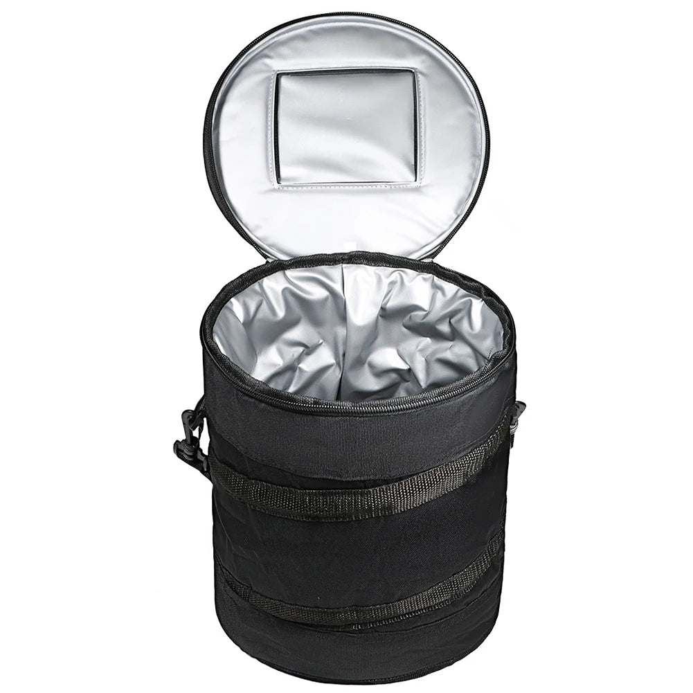 Top view of an open cooler bag showing the insulated interior and lid