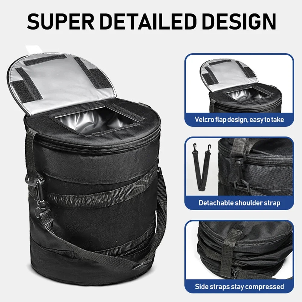 Cooler bag detail collage showing lid flap, detachable shoulder strap and compression straps