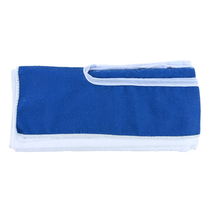 Folded blue and white seat towel with bound edge