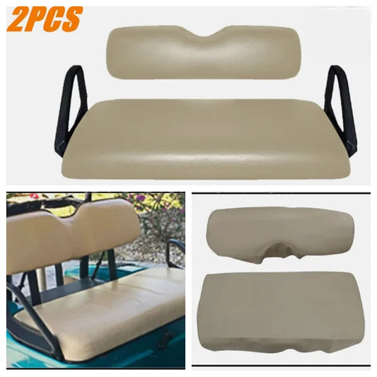 Tan upholstery-cover collage showing a bench and one-piece backrest configuration marked 2PCS - Fairway Fort™