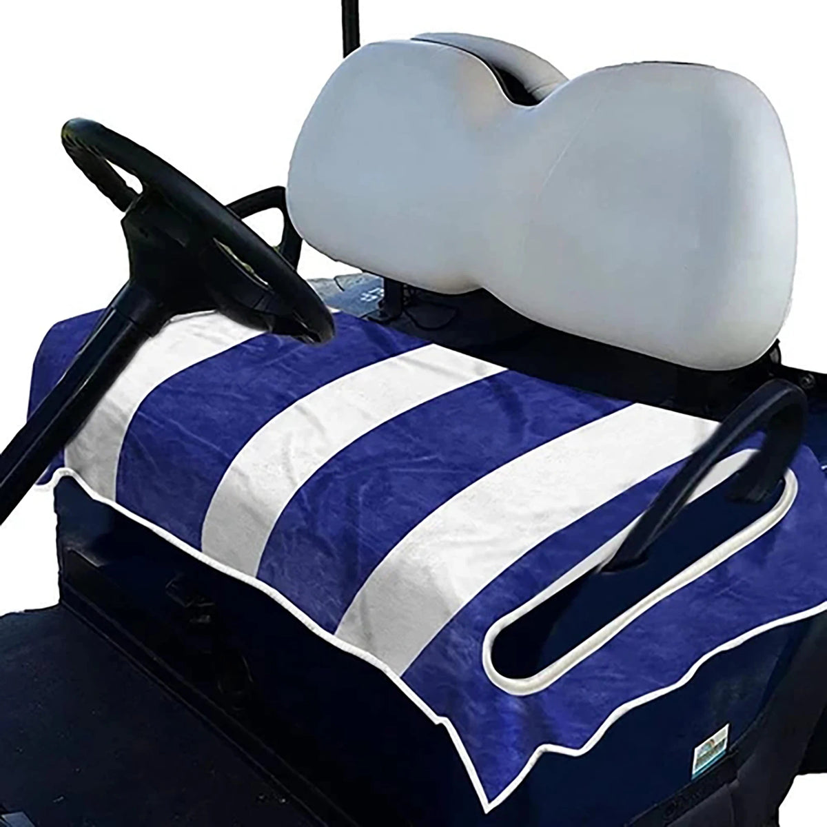 Striped seat towel fitted around the armrests on a golf cart bench - Fairway Fort™