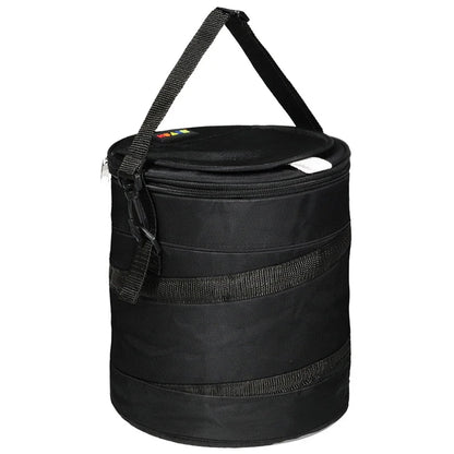 Black cylindrical cooler bag with shoulder strap against a white background