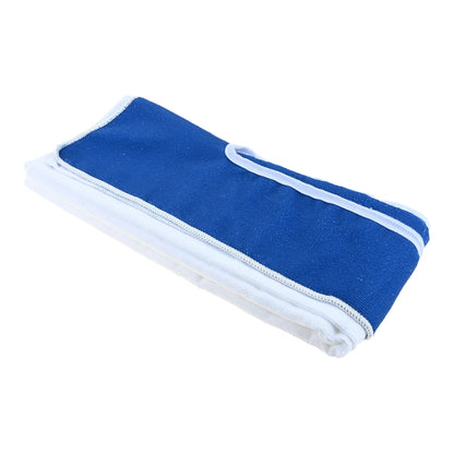 Blue and white seat towel folded to show its bound edges
