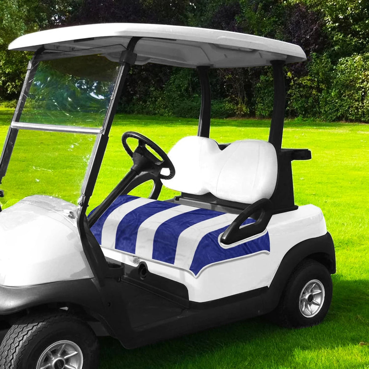 Blue and white striped seat towel laid over a golf cart bench around the armrests