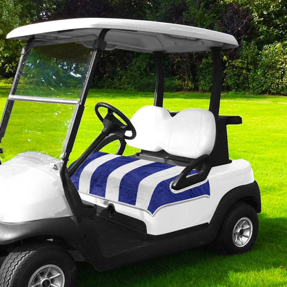 Blue and white striped seat towel laid over a golf cart bench around the armrests
