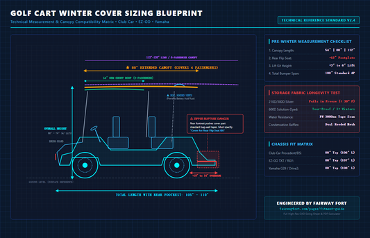 Golf cart cover measurement blueprint illustrating roof length and overall cart dimensions Alternate View - Fairway Fort™