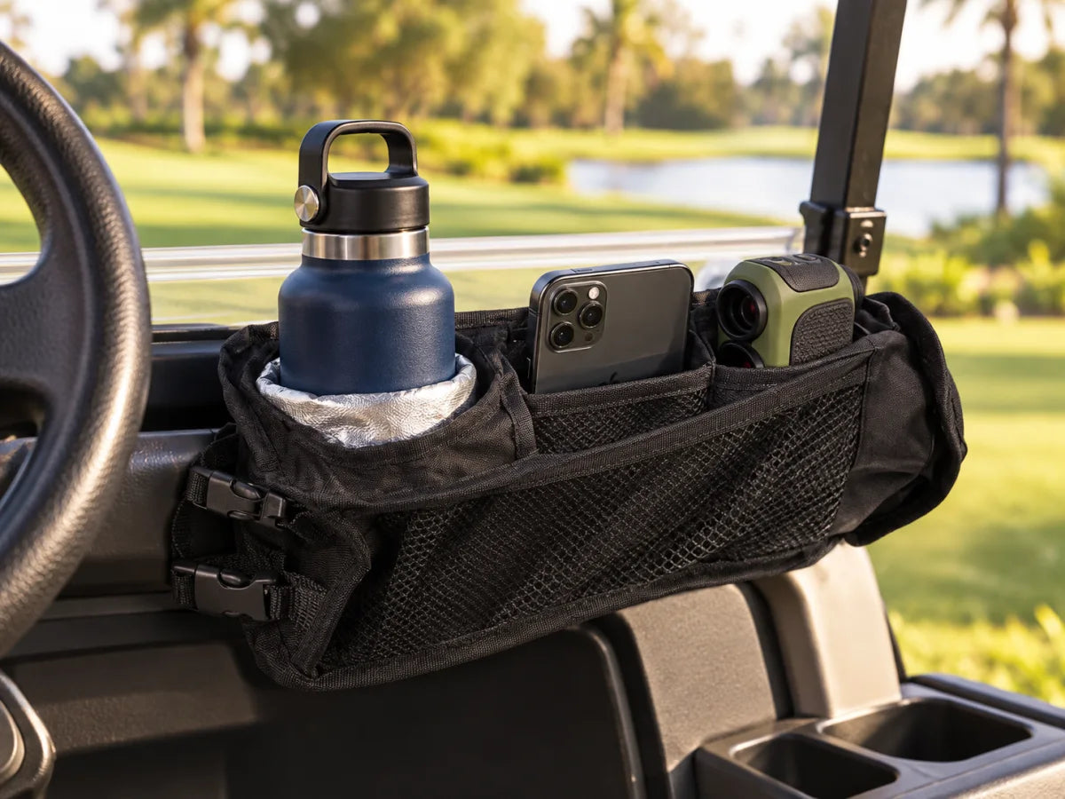 Black golf cart storage caddy holding a bottle, phone and rangefinder