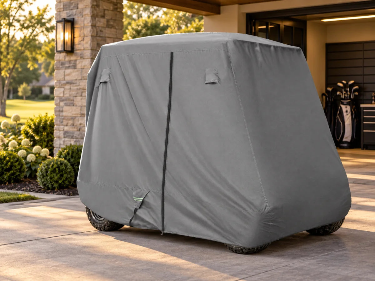 Gray all-weather golf cart storage cover installed outside a garage