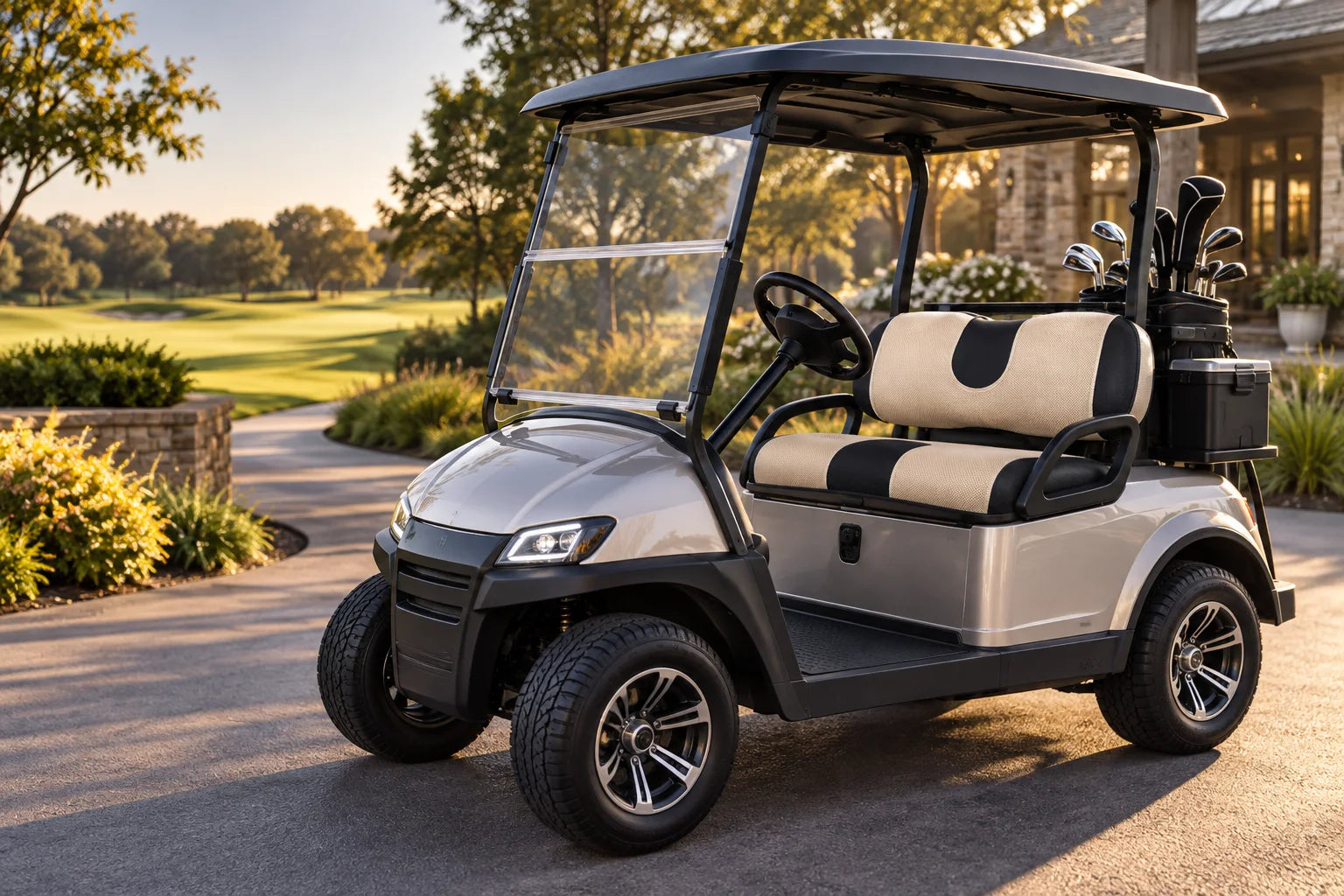 Golf cart with beige and black breathable seat covers at a golf course